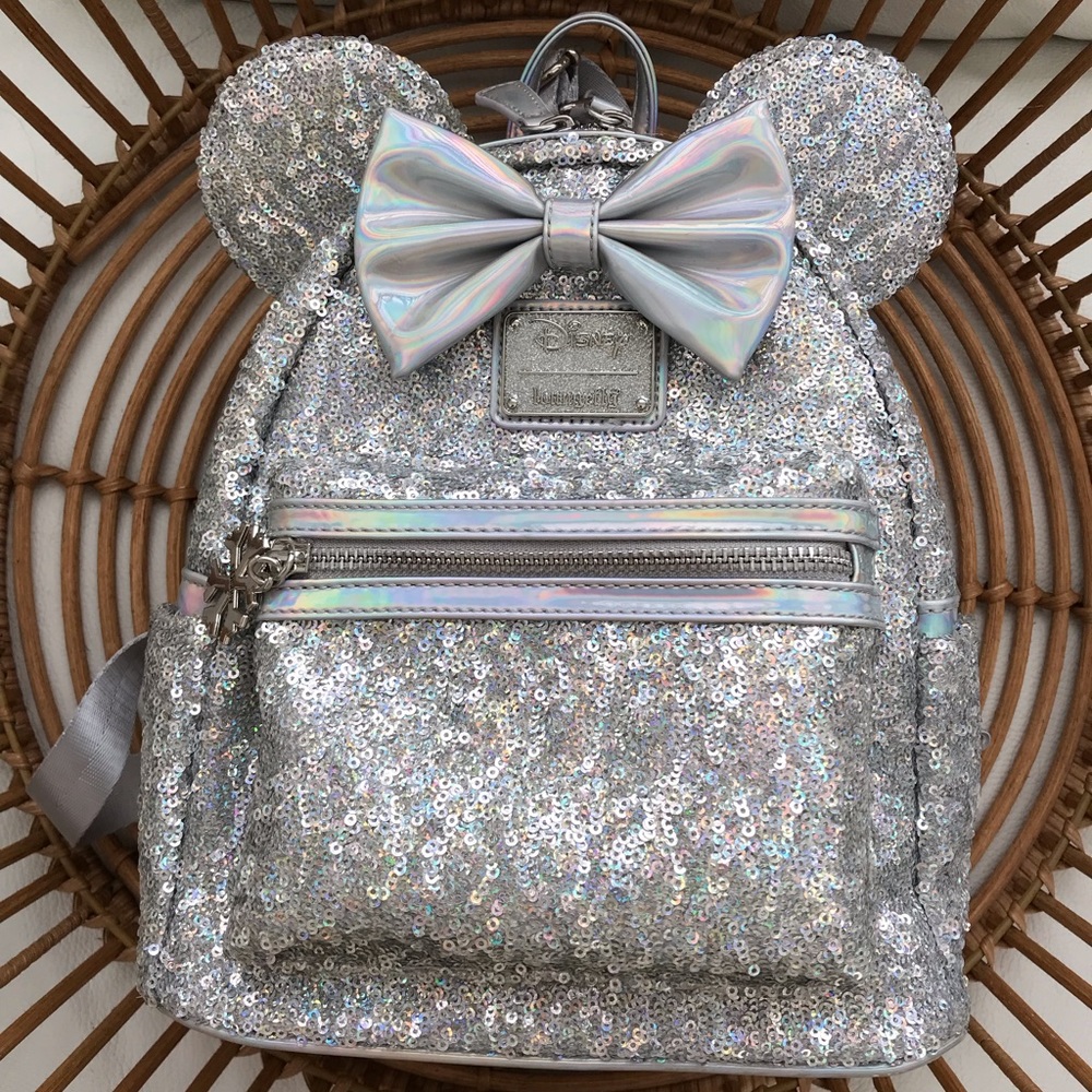 Loungefly Disney Minnie Silver Holographic Sequin Mini Backpack